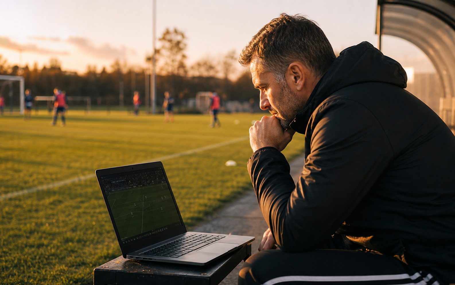 Treinador analisando o replay do jogo em um notebook à beira do campo
