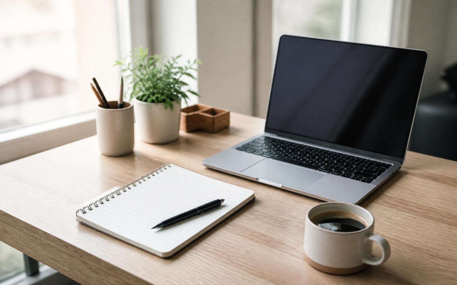 Notebook sobre uma mesa de estudos com materiais abertos